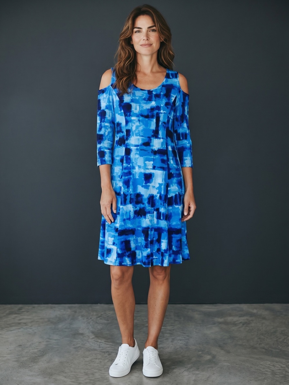 Susan Graver Printed Liquid Knit Cold Shoulder Blue Dress Size M